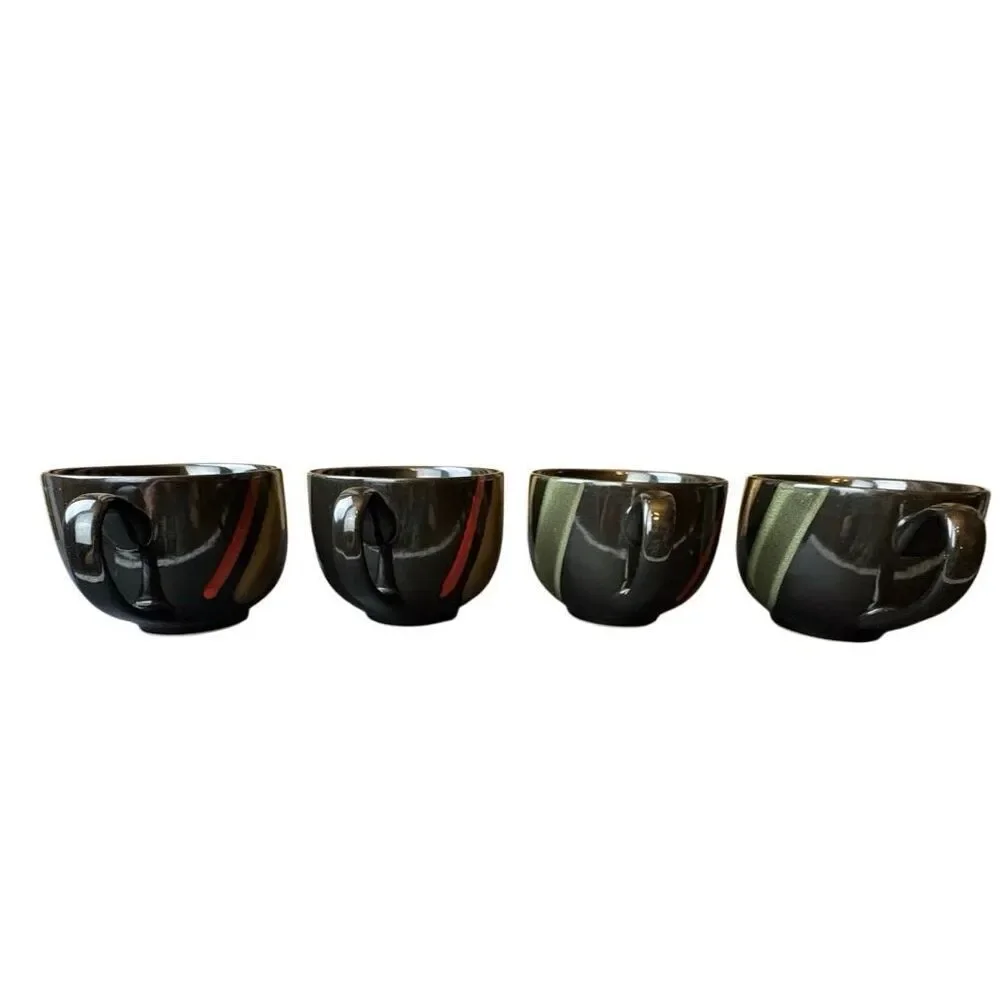 Sango Nova Black 4932 Soup Cups Lot of 4 Handles Black Red Gold Stoneware